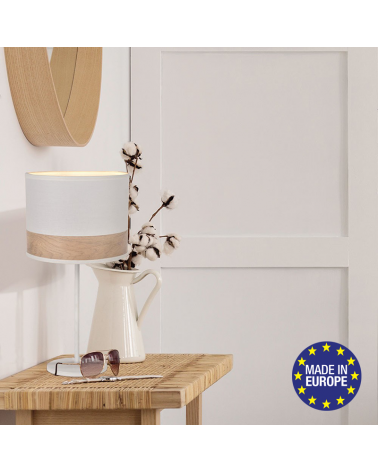 Lámpara de mesa de 36cm pantalla de algodón acabado blanco decoración madera E14 40W