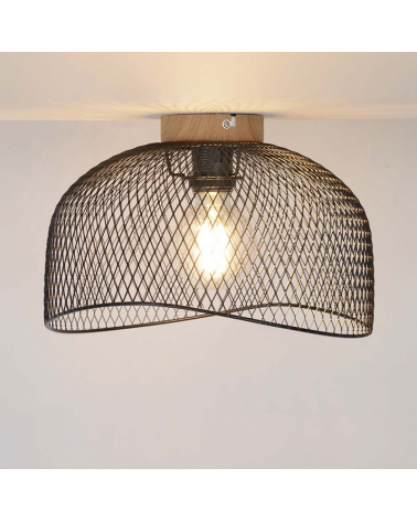30cm ceiling light with metal base wood effect metal lampshade grid E27 60W