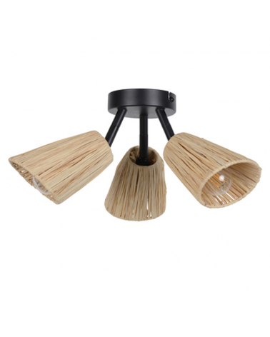Plafón 3 focos 26,5cm de metal y rafia natural E14 15W