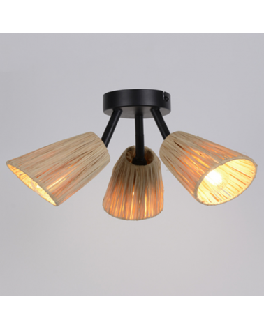 Ceiling lamp 3 spotlights 26.5cm in metal and natural raffia E14 15W