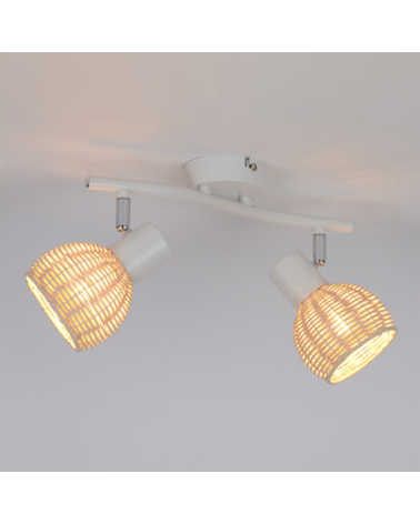 2 spotlight strip 33cm in white metal and rattan ball lampshade 40W E14