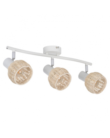 3 spotlight strip 50cm in white metal and rattan ball lampshade 40W E14