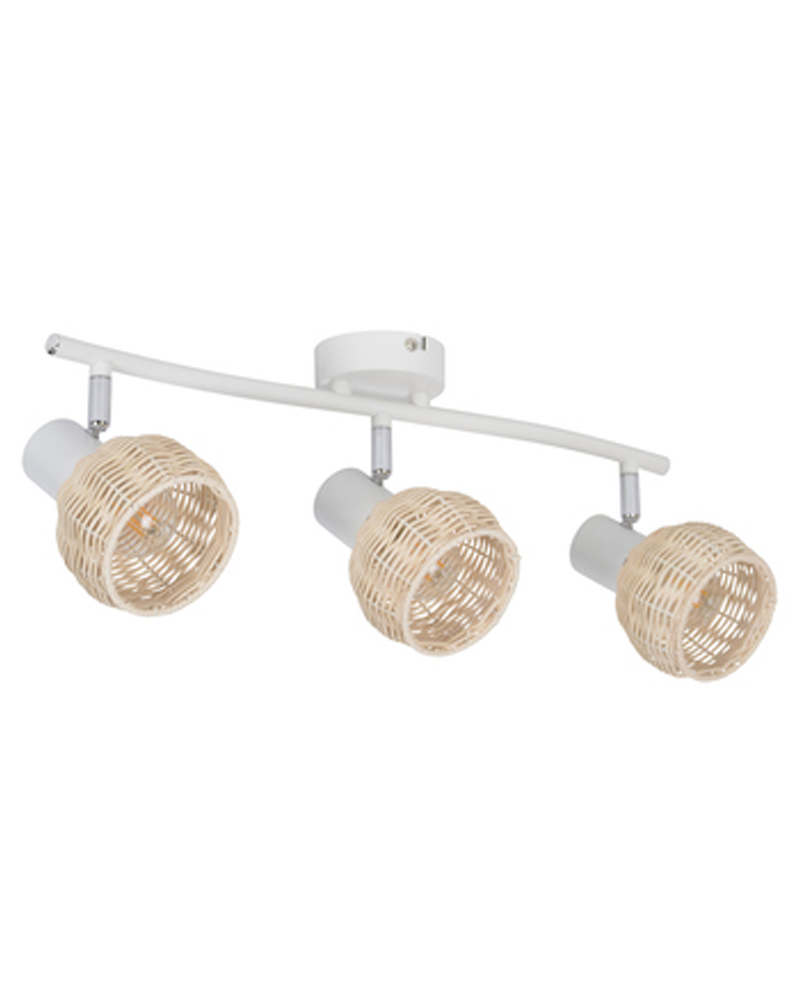 3 spotlight strip 50cm in white metal and rattan ball lampshade 40W E14