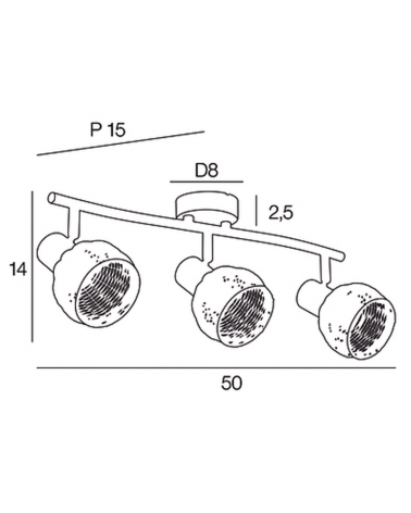 3 spotlight strip 50cm in white metal and rattan ball lampshade 40W E14