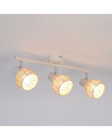 3 spotlight strip 50cm in white metal and rattan ball lampshade 40W E14