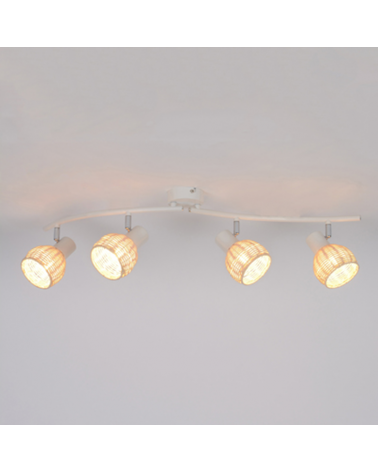4 spotlight strip 80cm in white metal and rattan ball lampshade 40W E14