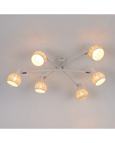 Plafón 6 focos 63cm en metal blanco y pantalla forma de bola de ratán 40W E14