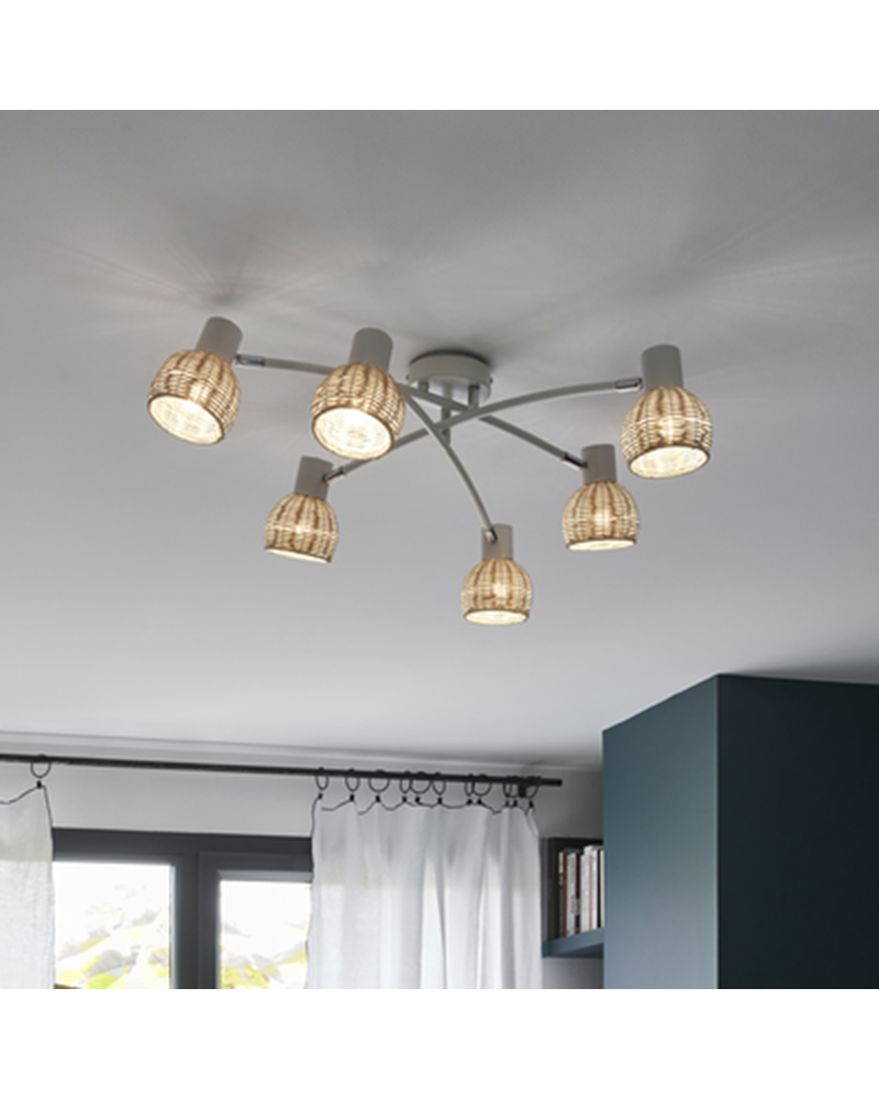 Plafón 6 focos 63cm en metal blanco y pantalla forma de bola de ratán 40W E14