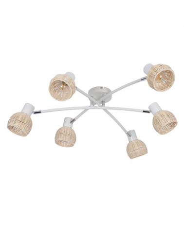 Plafón 6 focos 63cm en metal blanco y pantalla forma de bola de ratán 40W E14