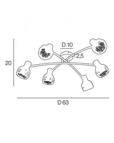 Plafón 6 focos 63cm en metal blanco y pantalla forma de bola de ratán 40W E14