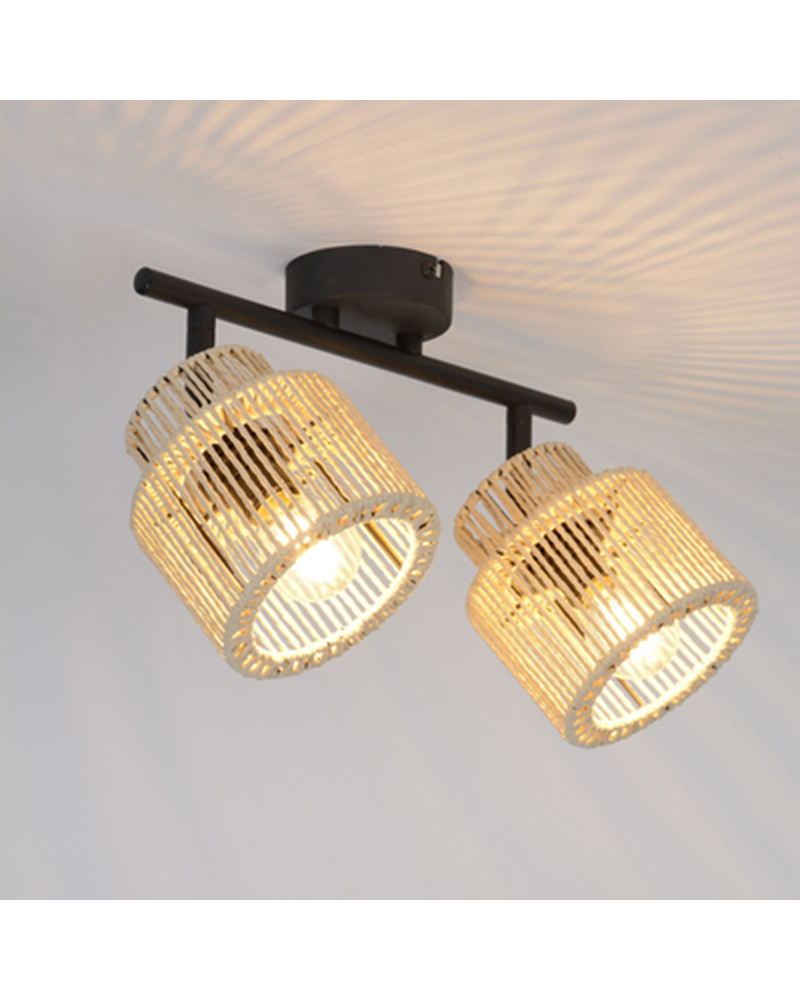 Regleta 2 focos 31,5cm de metal y pantalla de cuerdas papel trenzado E14 40W