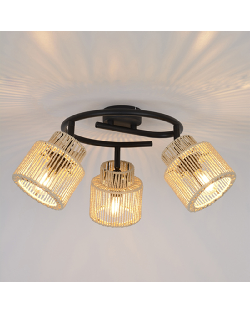 Plafón 3 focos 63cmde metal y pantalla de cuerdas papel trenzado E14 40W