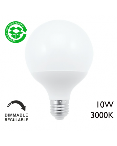LED E27 10WGlobe bulb 95 mm. Dimmable 3000K 800 Lm.