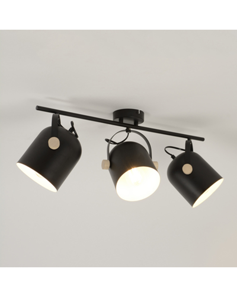 Strip 3 spotlights 65cm metal with wood E27 40W