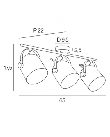 Strip 3 spotlights 65cm metal with wood E27 40W