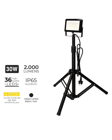 LED spotlight on adjustable tripod portable 30W IP65 2000Lm 4000K suitable for outdoor use