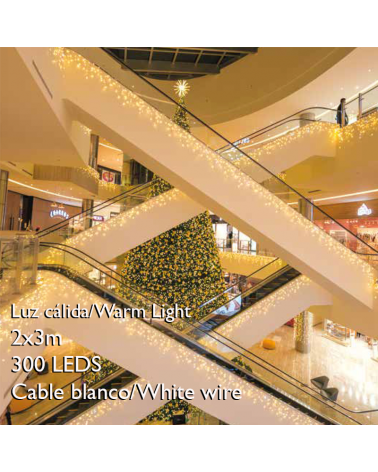 Cortina de LEDs  3x0,9m cable blanco luz cálida efecto hielo, con 174 leds IP65 apta para exterior