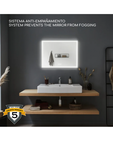 Anti-Fog LED mirror horizontal rectangular LED 60x80cm Illuminated IP44 White Switch 1600lm 230V 22W dimmable