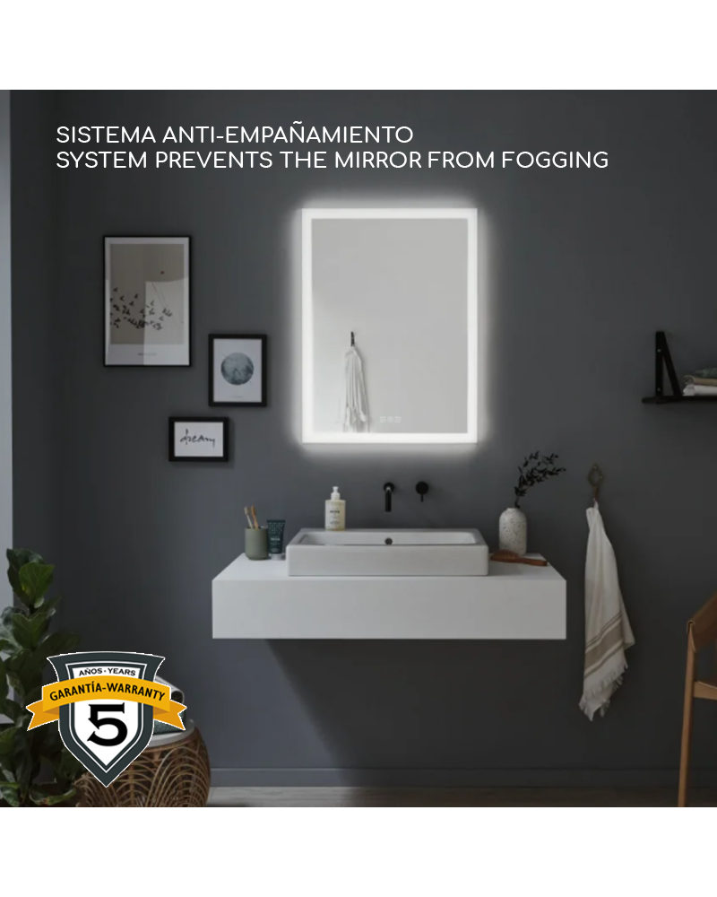 Anti-Fog LED mirror vertical rectangular 80x60cm Illuminated IP44 system without fogging 1600lm 230V 22W dimmable