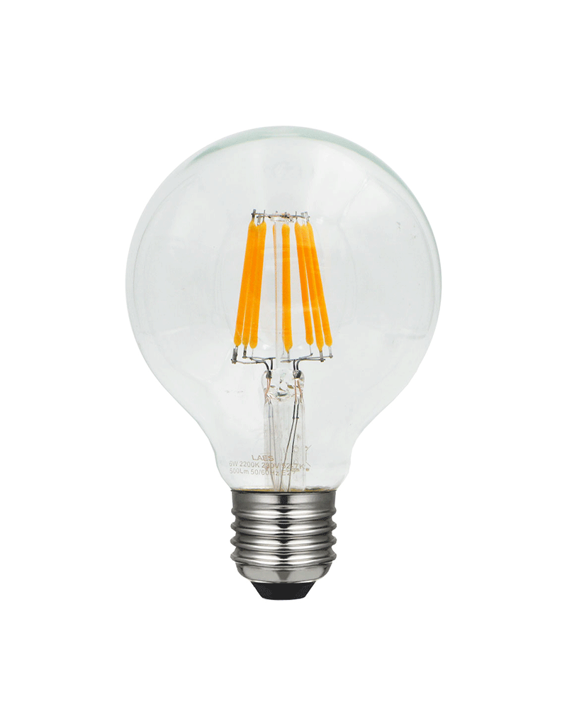 LED vintage Globe Light Bulb 80 mm. LED filaments Dimmable LED E27 6W 2200K 1050 Lm.