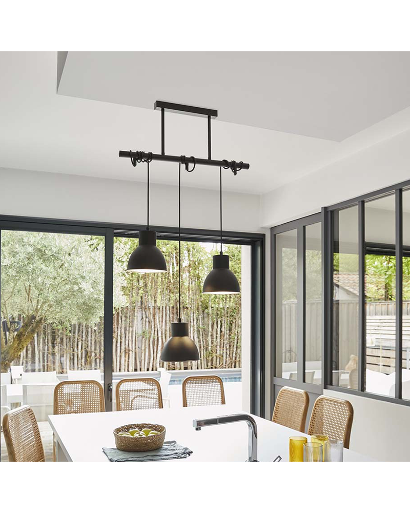 Lámpara de techo 55cm con tres pantallas ajustables en altura de metal negro estilo nórdico E27 60W