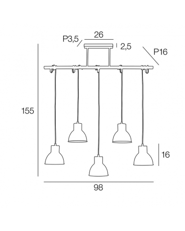 Lámpara de techo 98cm con cinco pantallas ajustables en altura de metal negro estilo nórdico E27 60W