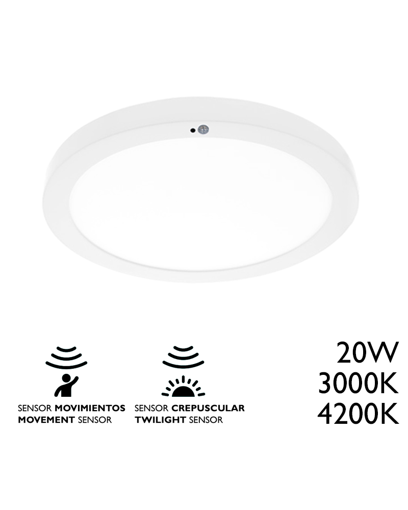 Downlight ceiling lamp with sensor 22cm surface round white finish LED 20W 3000ºK 1600Lm