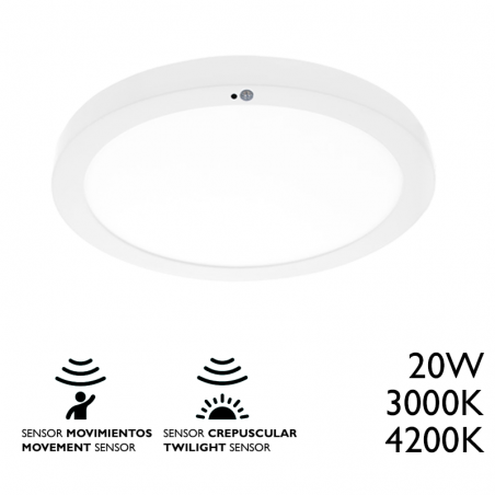 Plafón downlight con sensor 22cm  de superficie acabado blanco redondo LED 20W 3000ºK 1600Lm