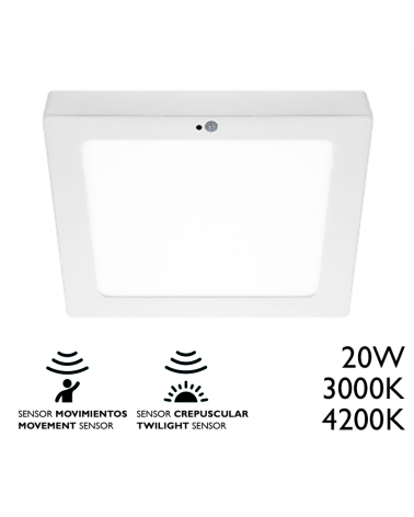 Downlight ceiling lamp with sensor 22cm surface finish square white LED 20W