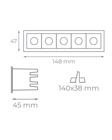 Lineal LED Downlight Empotrable 10W UGR19 antideslumbramiento 120º 5 focos