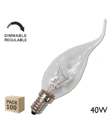 Pack 100 bombillas de vela punta torcida clara E14 40W 230V Regulable