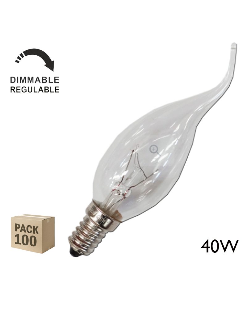Pack of 100 clear crooked tip candle bulbs E14 40W 230V Dimmable
