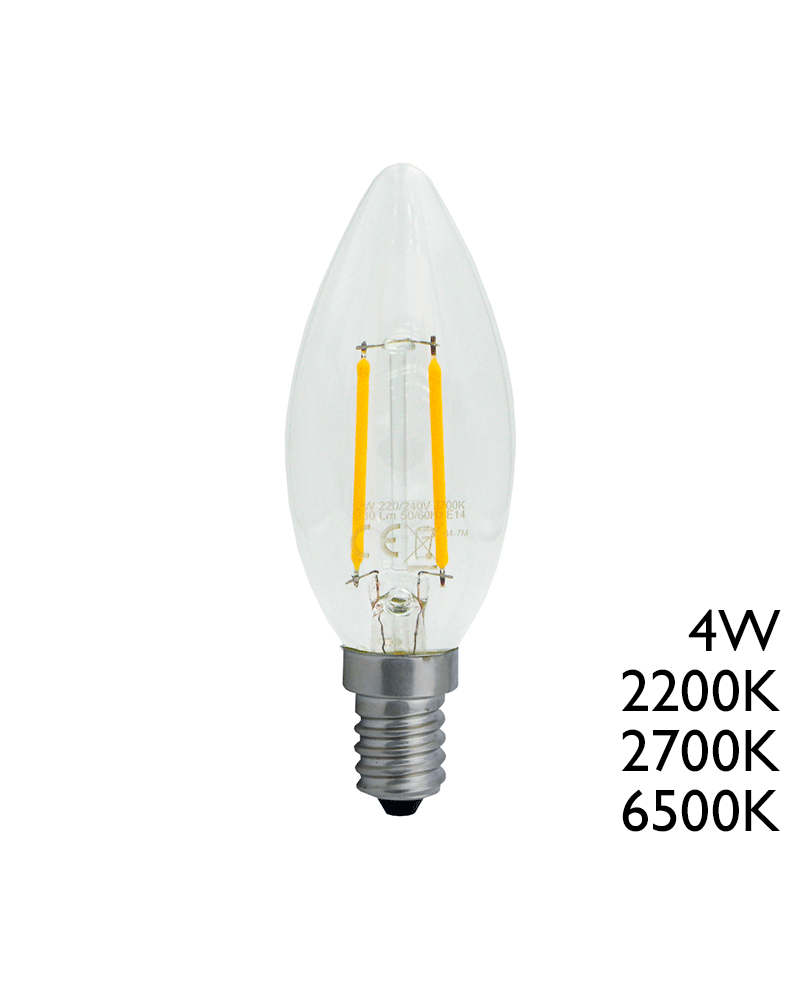LED vintage Clear Candle Bulb 35mm. LED filaments 4W E14