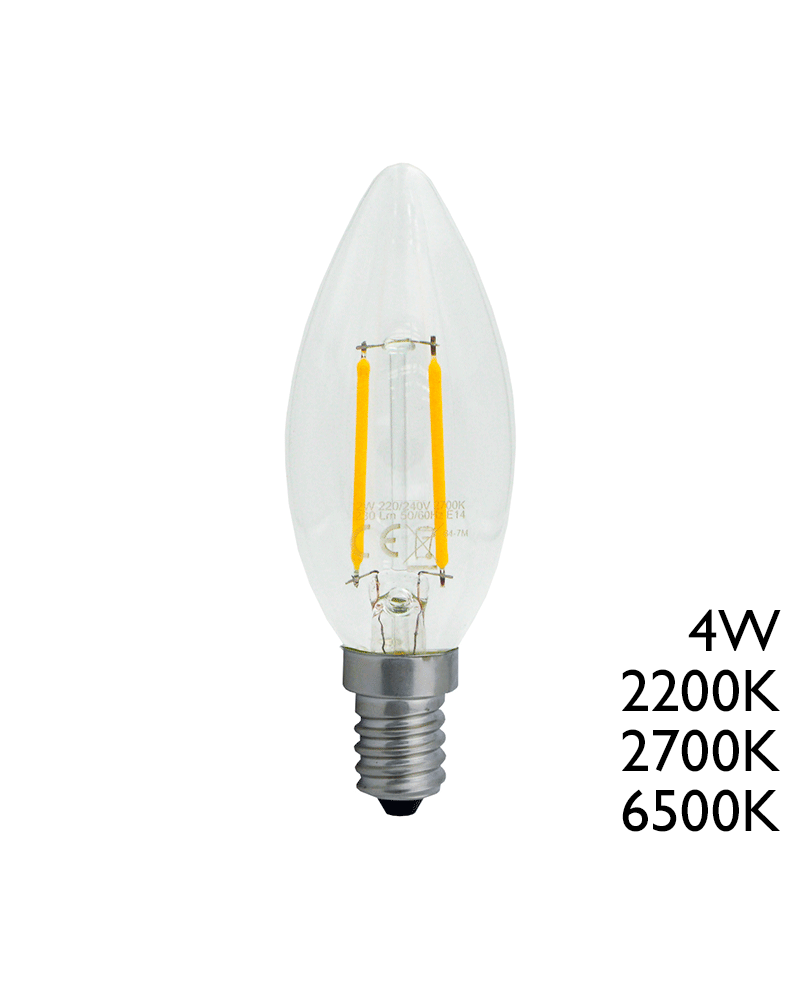 LED vintage Clear Candle Bulb 35mm. LED filaments 2W E14 2200K 230 Lm.