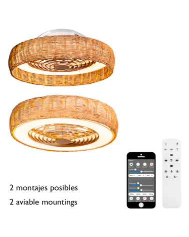 30W Rattan Ceiling Fan Ø65cm DC LED 70W Dimmable Bluetooth and Remote Control Included