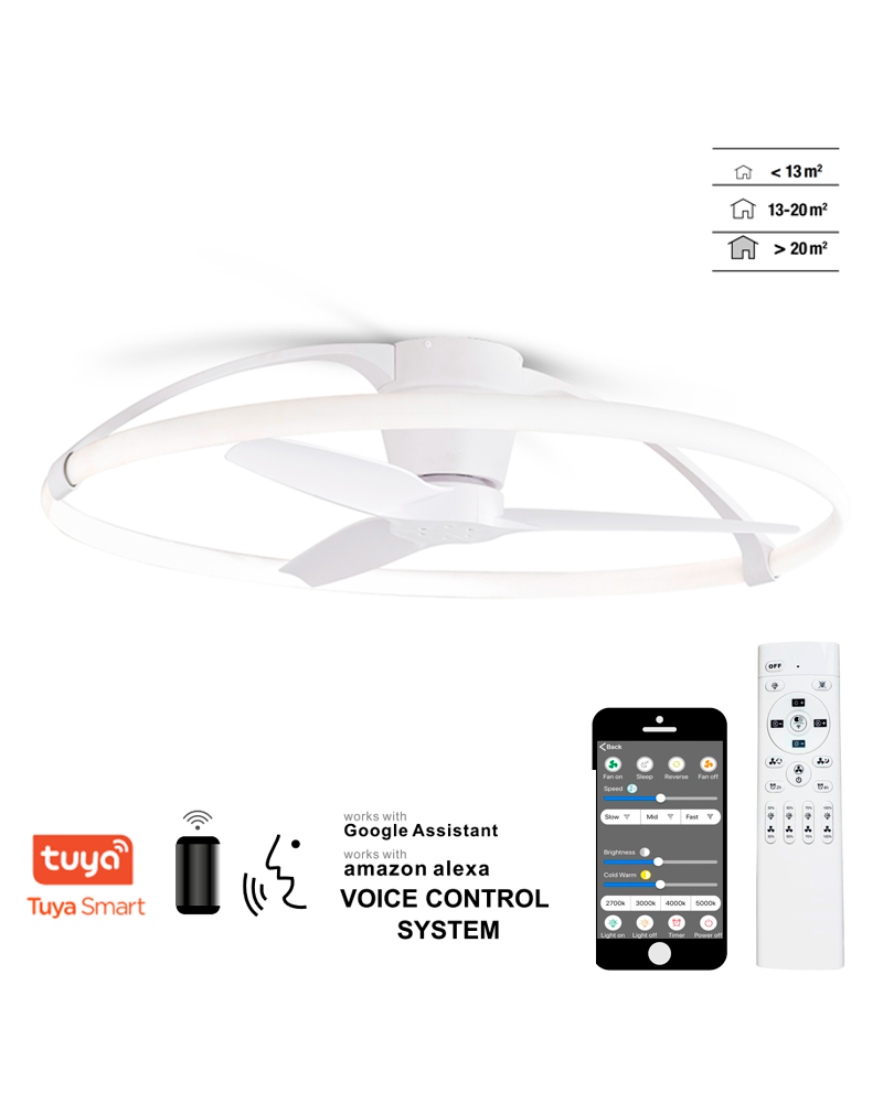 White 35W Ceiling Fan Ø105cm LED 75W with Voice Control, Remote Control, and Mobile App