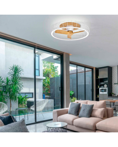 35W Ceiling Fan with White-Beech Grid Ø79cm DC Motor 75W LED Dimmable Bluetooth and Remote Control Included.