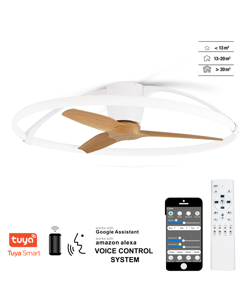 Ventilador de techo blanco y haya Ø105cm  35W  LED 75W  35W control de voz mando y app