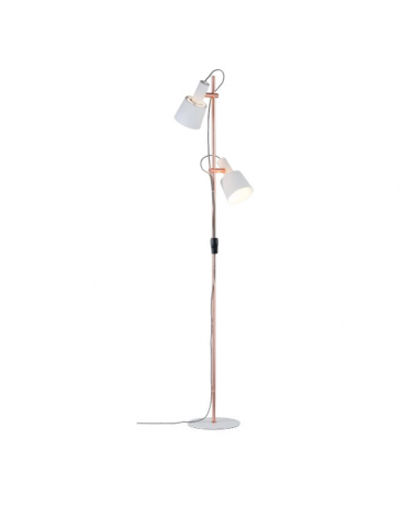 Lámpara de pie 152cm con dos focos fuste color cobre y pantallas blancas metal 20W E14