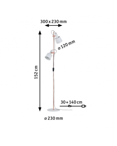 Lámpara de pie 152cm con dos focos fuste color cobre y pantallas blancas metal 20W E14