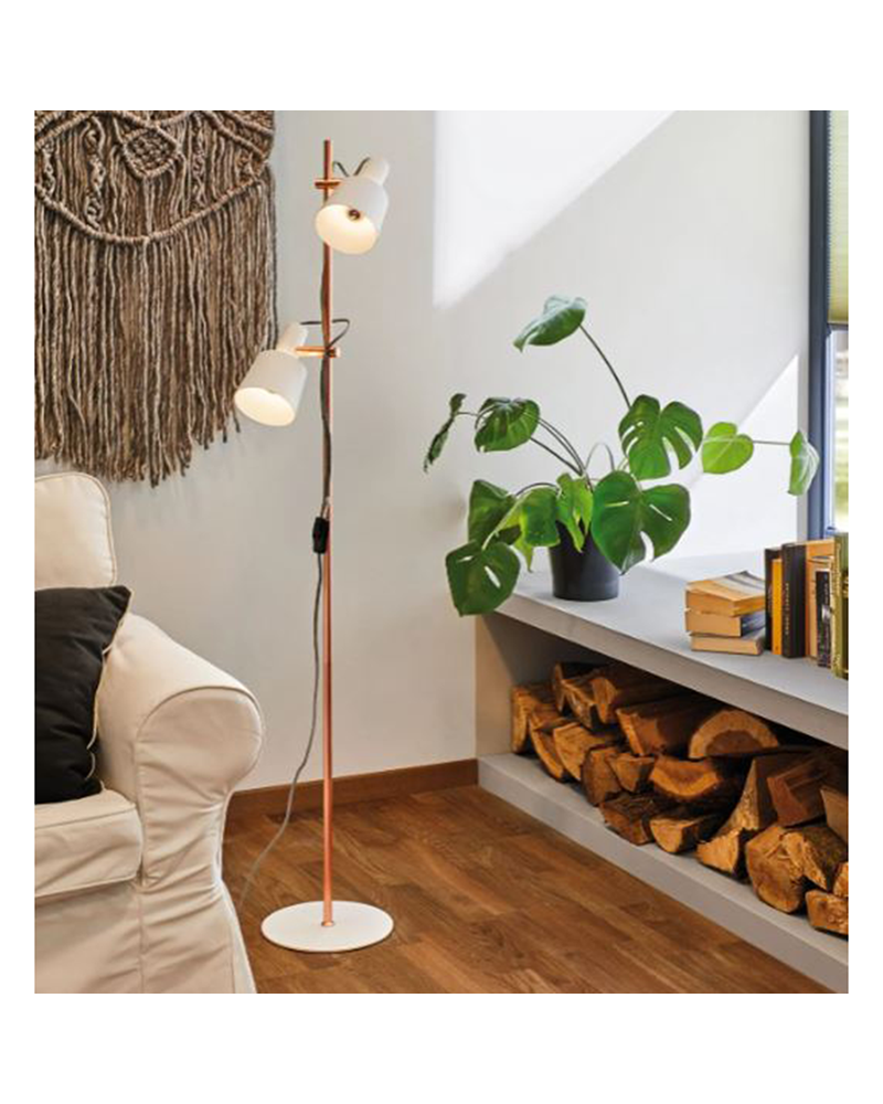 Lámpara de pie 152cm con dos focos fuste color cobre y pantallas blancas metal 20W E14