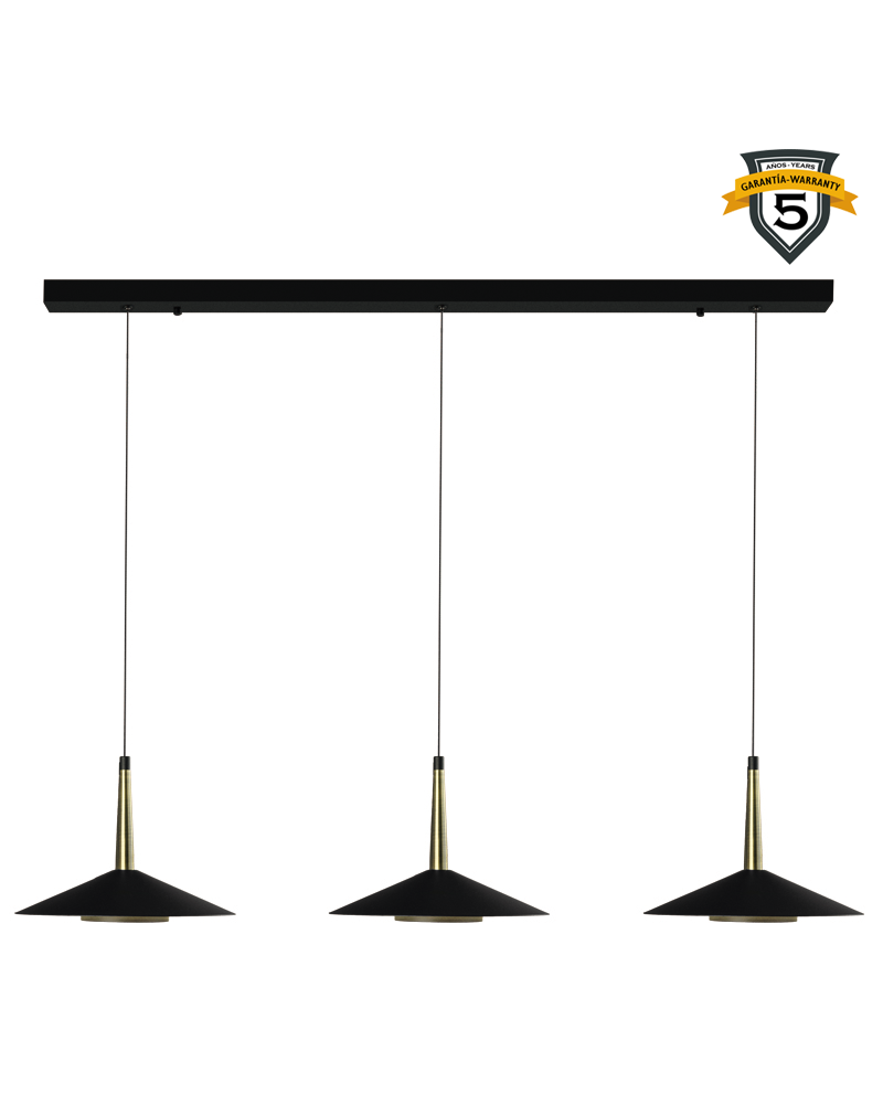 Ceiling lamp LED with base with 3 height-adjustable spotlights in black aluminum and brass 24W 3000K