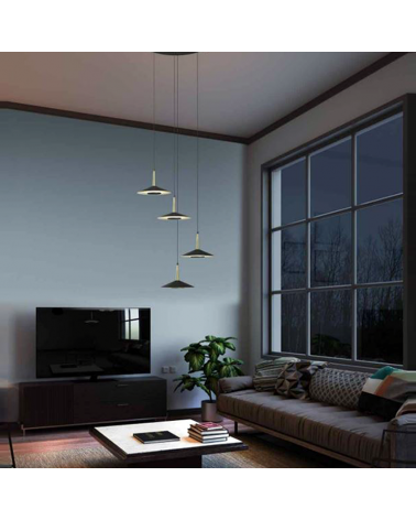 Lámpara de techo LED con base circular 4 focos regulables en altura de aluminio negro y latón 32W 3000K