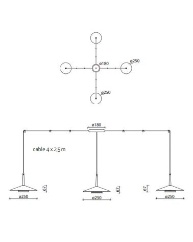 Ceiling lamp LED with 4 height-adjustable shades in black aluminum and brass 32W 3000K