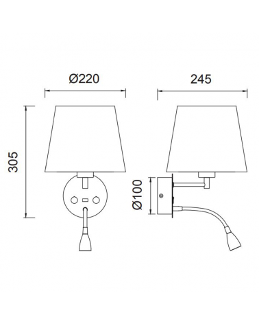 LED wall lamp lower 3W 30.5cm and upper E27 aluminum On/Off switch and USB charger