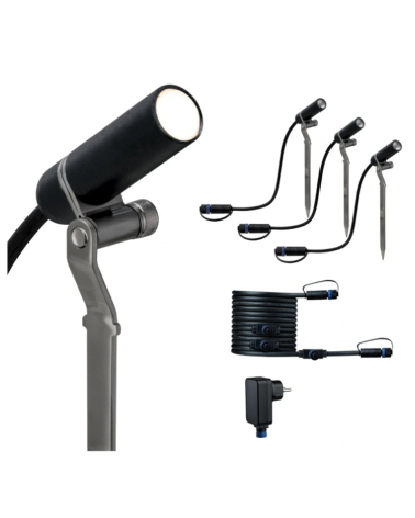 Set of 3 IP65 3X2.5W 3000K LED garden spotlights with 5m cable, 4 outputs and transformer