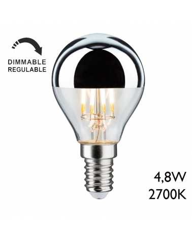 Silver Mirror Dome Standard Light Bulb. LED filaments 45mm E14 4.8W 2700K 440Lm Dimmable