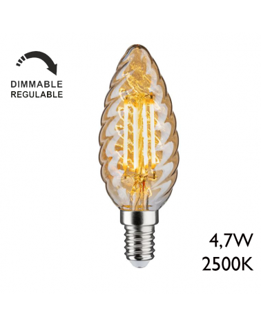 Vintage Amber curly candle bulb 35mm. LED filaments 4.7W 2500K 430Lm Dimmable