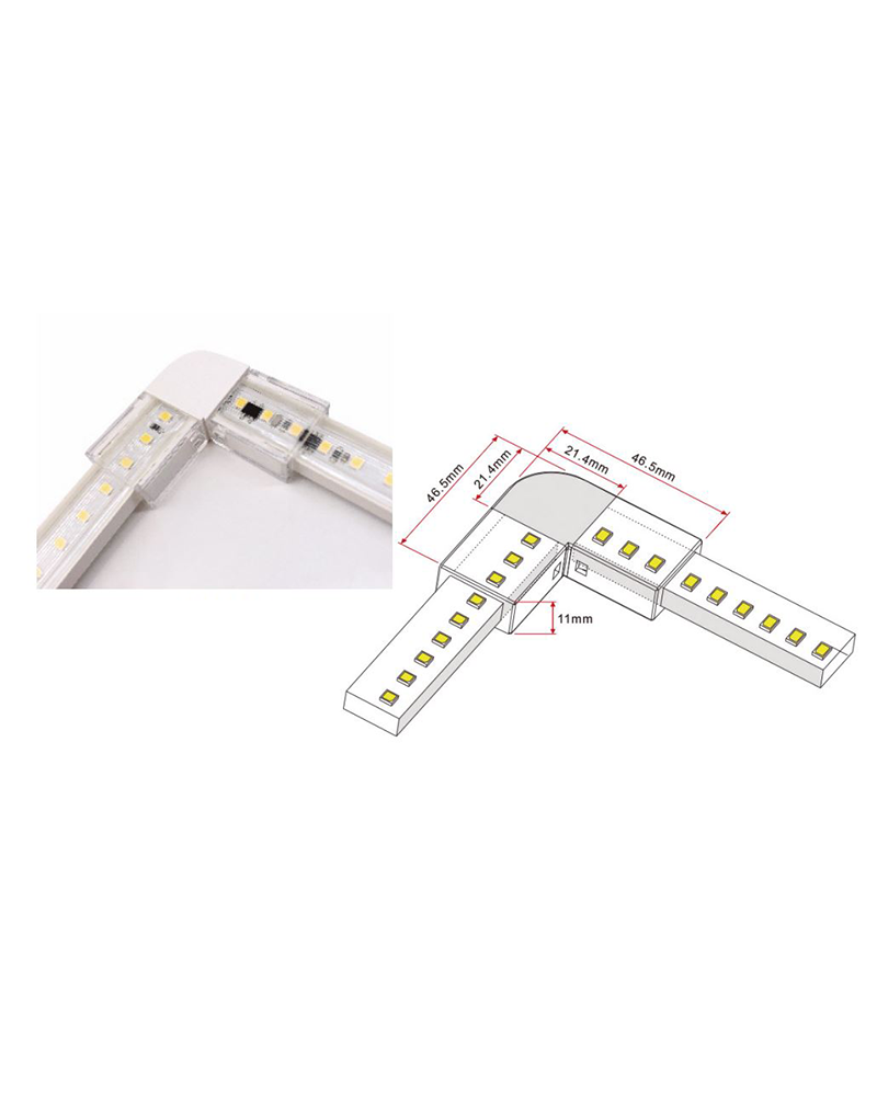 Corner connector for 230V LED strips with IP40