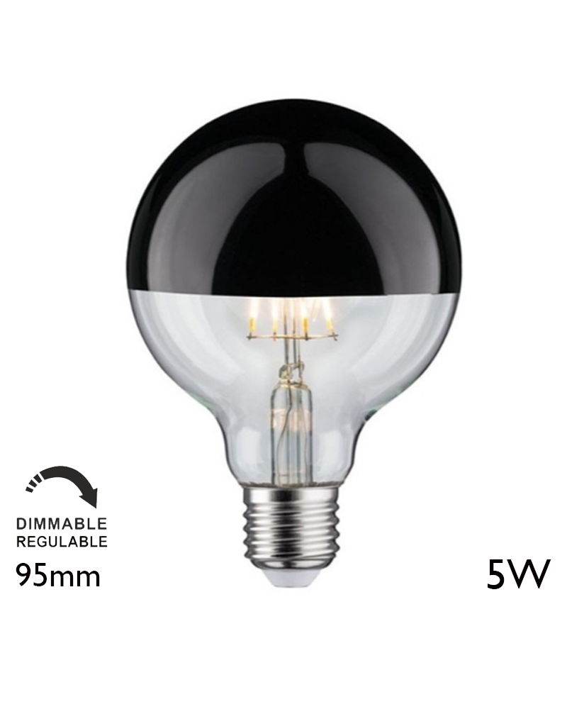 Globe bulb 95 mm. Black Dome brightness LED filaments Dimmable E27 5W 2700K 520Lm.